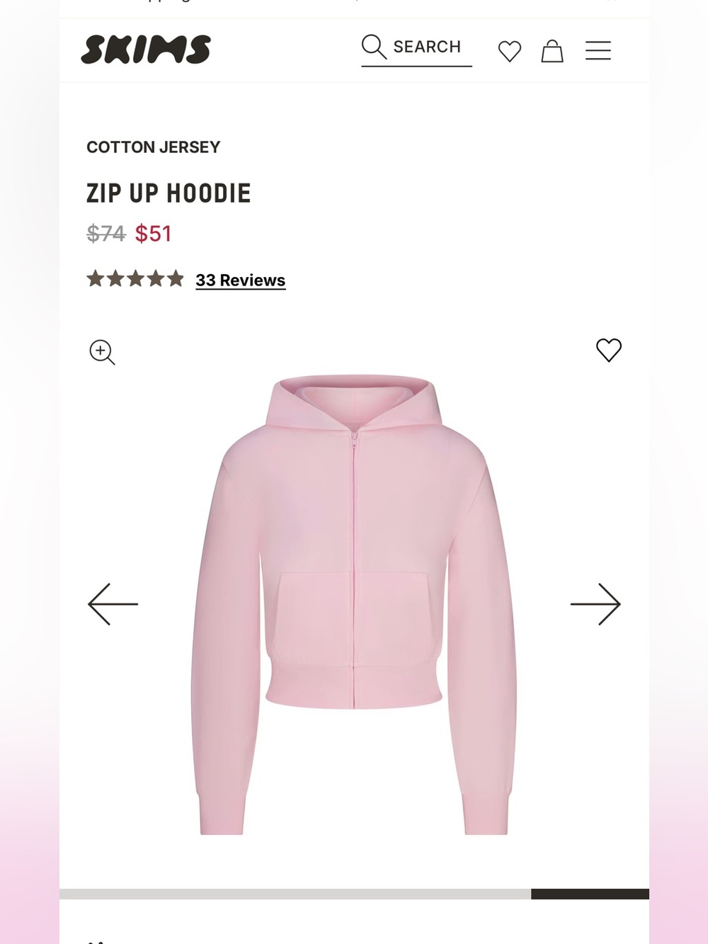SKIMS Light Pink Cropped Zip Hoodie